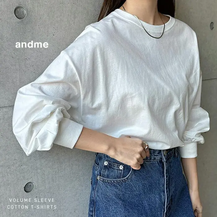 長袖 コットン Tシャツ レディース トップス 長袖Tシャツ ロンT ボーダーTシャツ カットソー インナー 体型カバー 二の腕カバー オーバーサイズ ゆったり ボリューム袖 無地 ボーダー 薄手 シアー ベーシック カジュアル 夏服 秋服 M L 春夏 秋冬 春 夏 秋 冬
